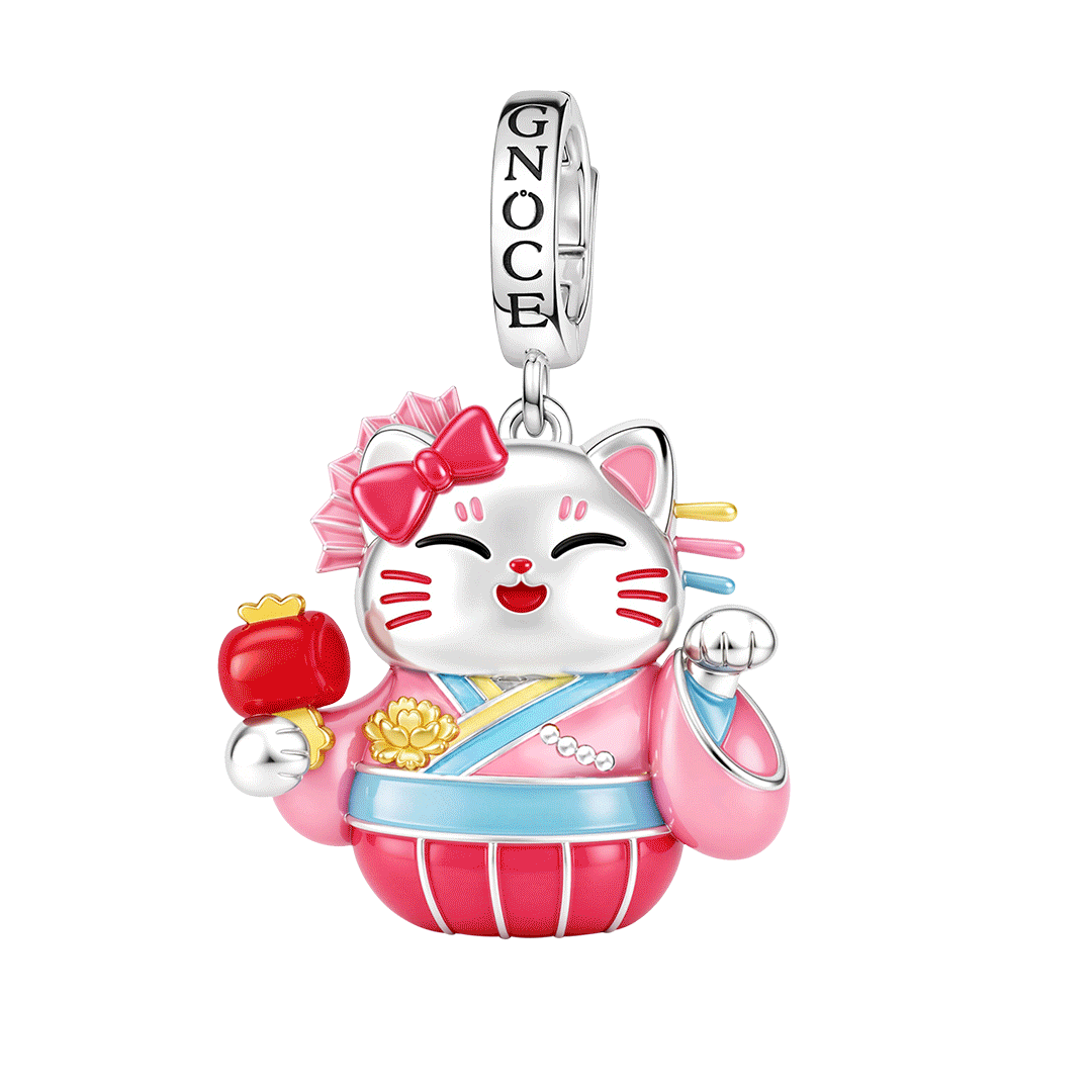 Gnoce Japanese Glow‑in‑the‑Dark Pink Lucky Cat Clasp Dangle Charm Platinum‑plated Silver Blend_1
