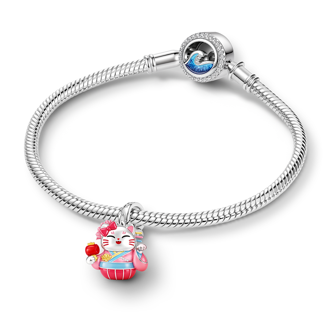Gnoce Japanese Glow‑in‑the‑Dark Pink Lucky Cat Clasp Dangle Charm Platinum‑plated Silver Blend_4
