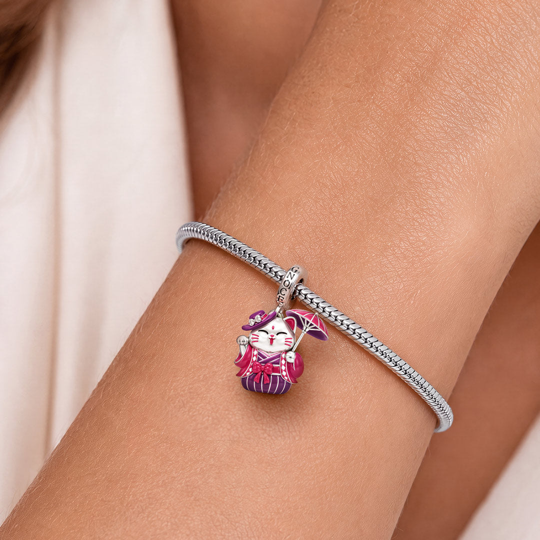 Gnoce Japanese Glow‑in‑the‑Dark Purple Lucky Cat Clasp Dangle Charm Platinum‑plated Silver Blend_3