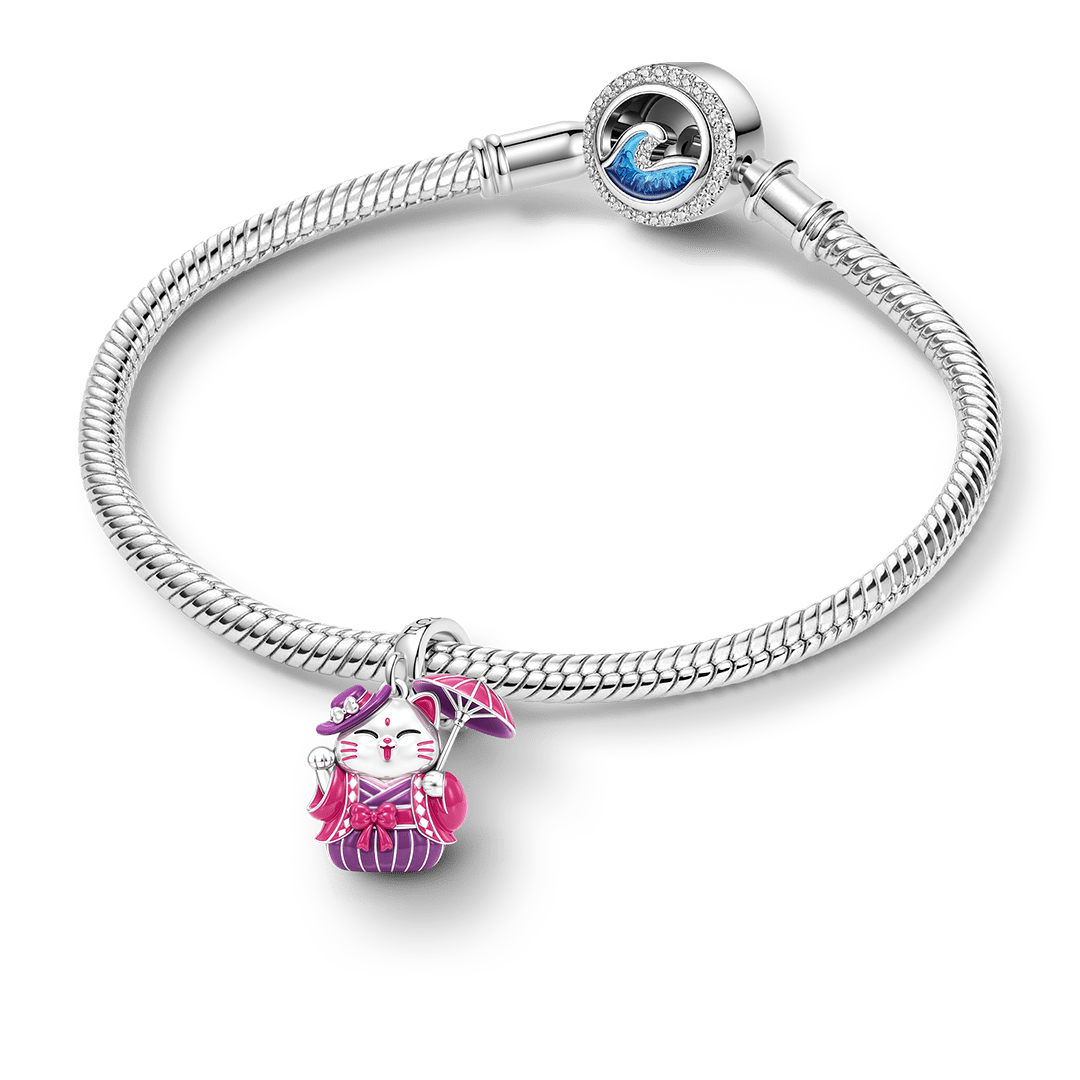 Gnoce Japanese Glow‑in‑the‑Dark Purple Lucky Cat Clasp Dangle Charm Platinum‑plated Silver Blend_4