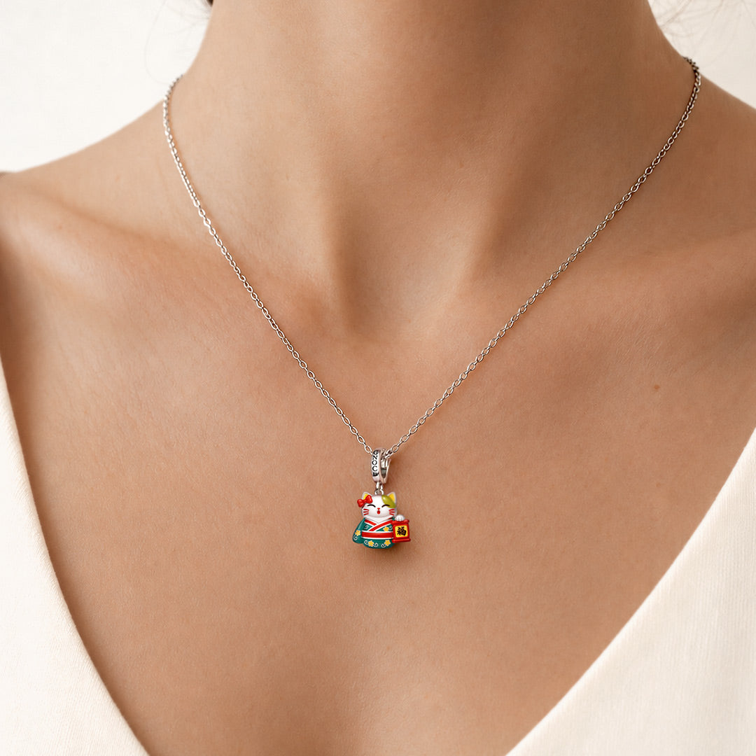 Gnoce Glow‑in‑the‑Dark Japanese Lucky Cat Clasp Dangle Charm Platinum‑plated Silver Blend_5
