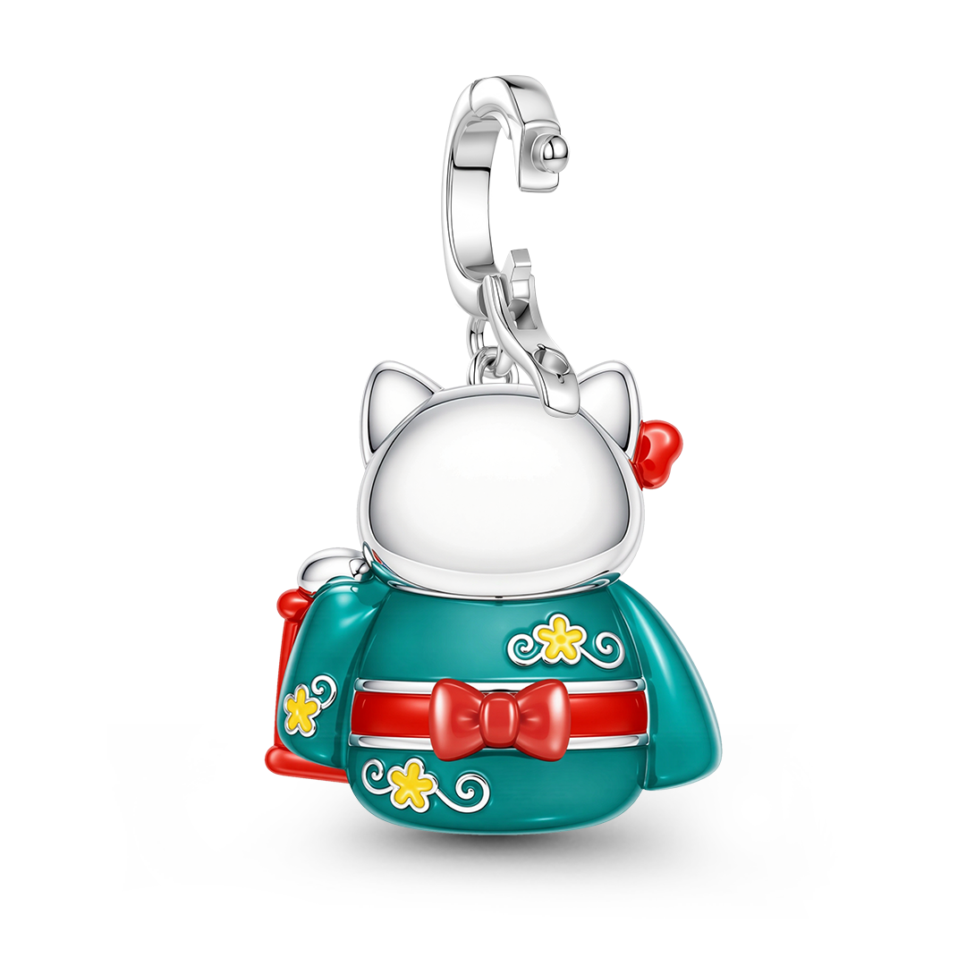 Gnoce Glow‑in‑the‑Dark Japanese Lucky Cat Clasp Dangle Charm Platinum‑plated Silver Blend_7