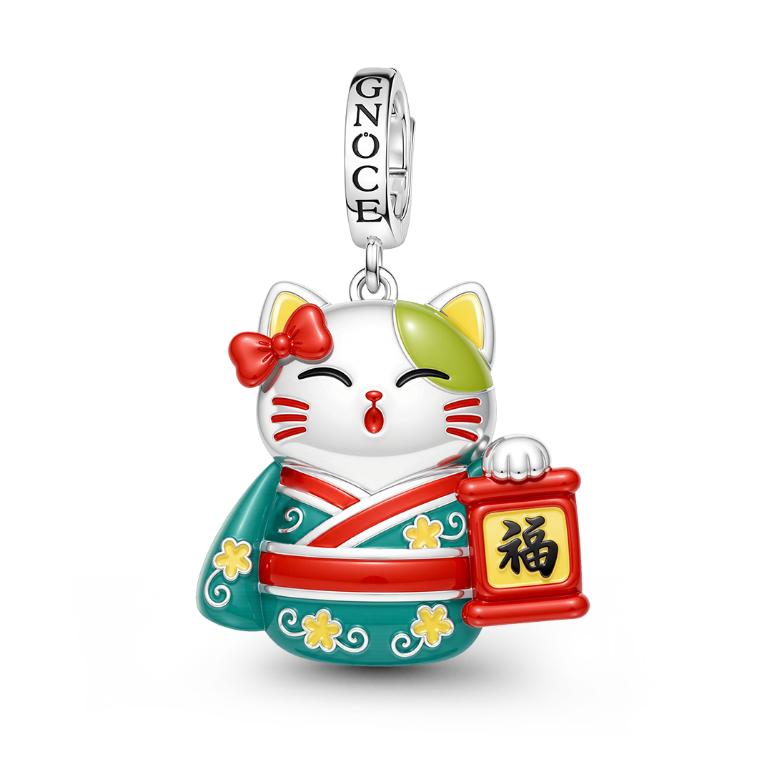 Gnoce Glow‑in‑the‑Dark Japanese Lucky Cat Clasp Dangle Charm Platinum‑plated Silver Blend_2