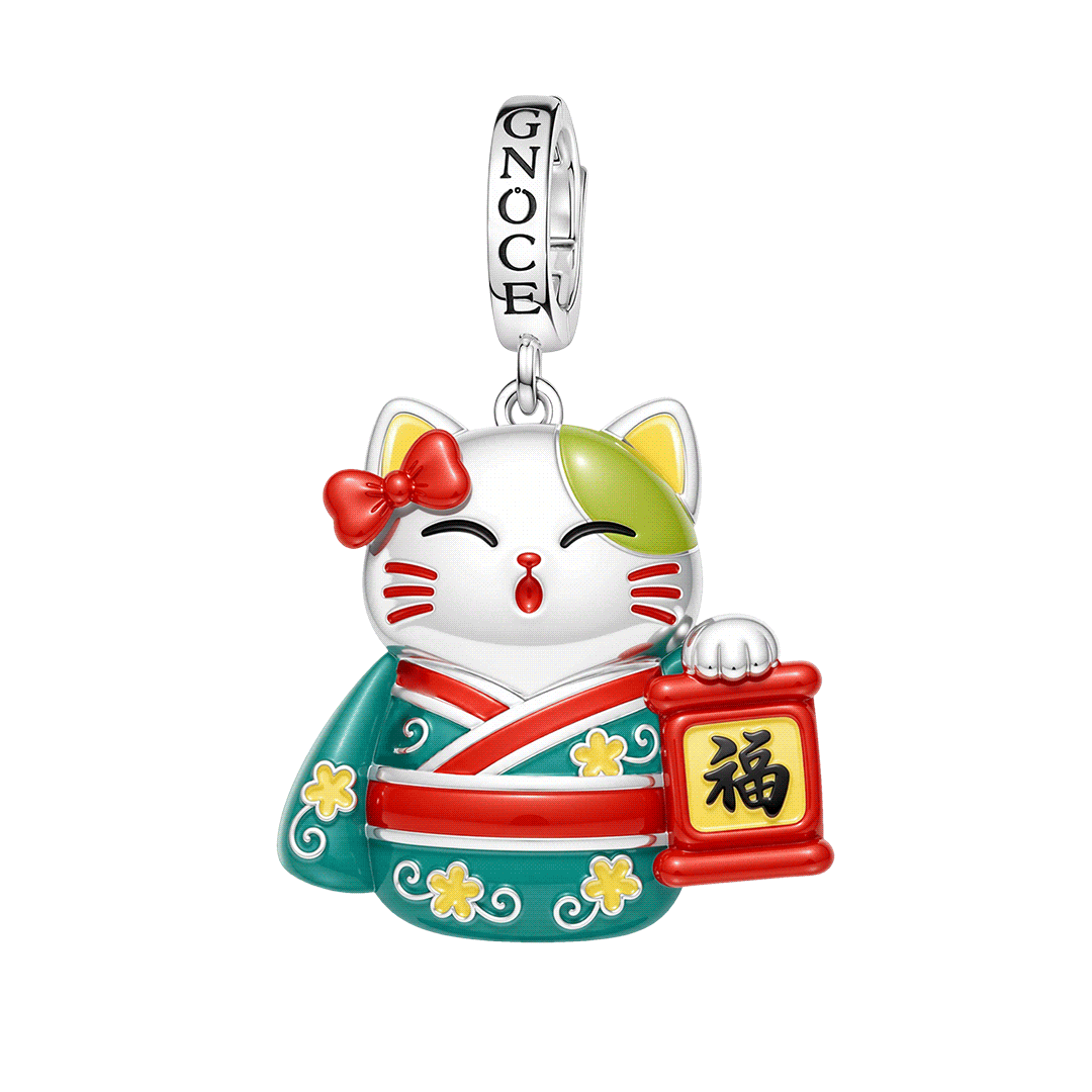 Gnoce Glow‑in‑the‑Dark Japanese Lucky Cat Clasp Dangle Charm Platinum‑plated Silver Blend_1