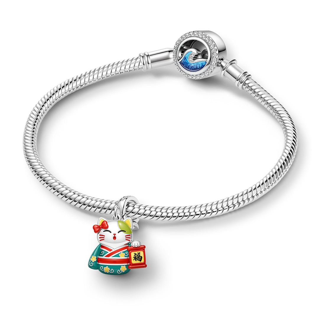 Gnoce Glow‑in‑the‑Dark Japanese Lucky Cat Clasp Dangle Charm Platinum‑plated Silver Blend_4