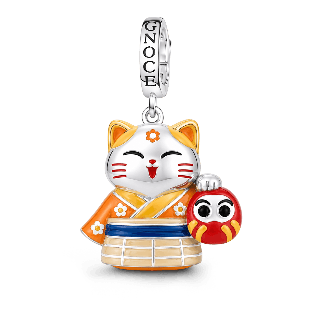 Gnoce Japanese Glow In Dark Lucky Cat Daruma Clasp Dangle Charm Platinum‑plated Silver Blend_2