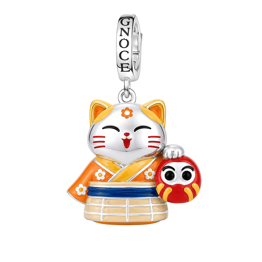 Gnoce Japanese Glow In Dark Lucky Cat Daruma Clasp Dangle Charm Platinum‑plated Silver Blend_1