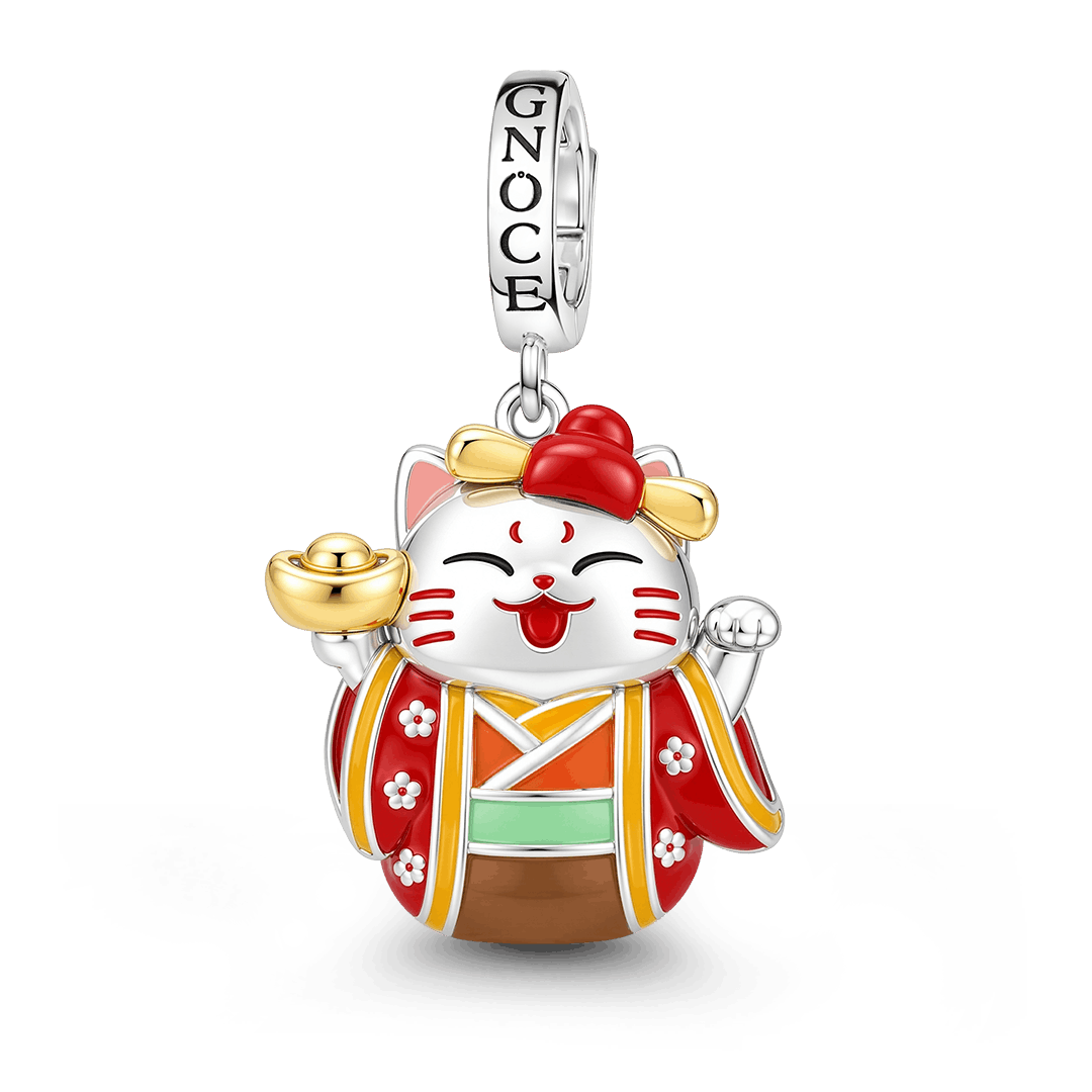 Gnoce Japanese Red Lucky Cat Gold Ingot Clasp Dangle Charm Platinum-plated Silver Blend_1