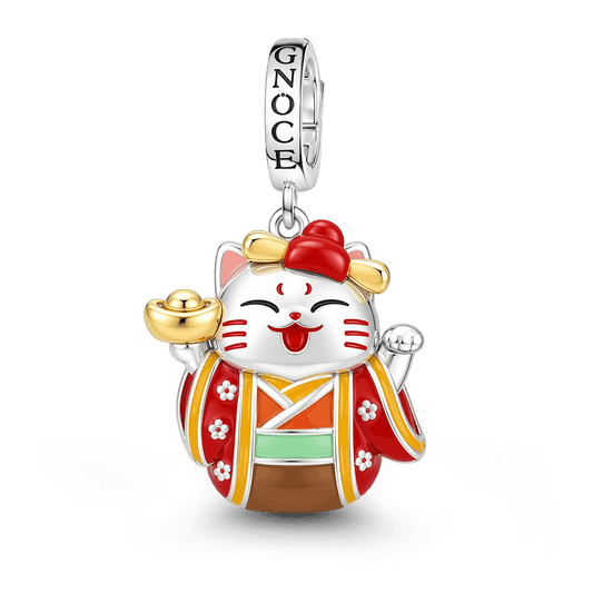 Gnoce Japanese Red Lucky Cat Gold Ingot Clasp Dangle Charm Platinum-plated Silver Blend_1