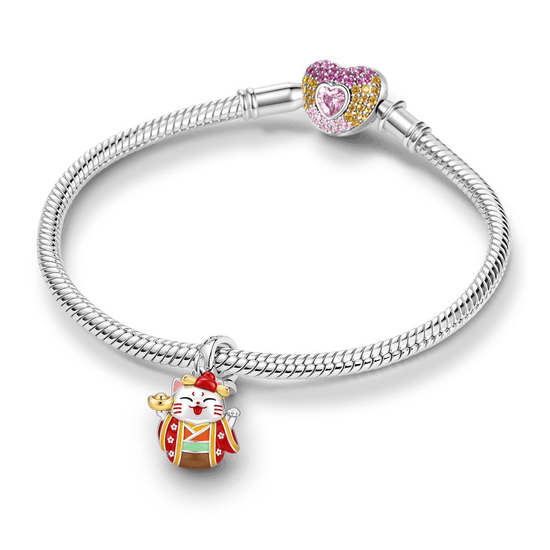 Gnoce Japanese Red Lucky Cat Gold Ingot Clasp Dangle Charm Platinum-plated Silver Blend_3