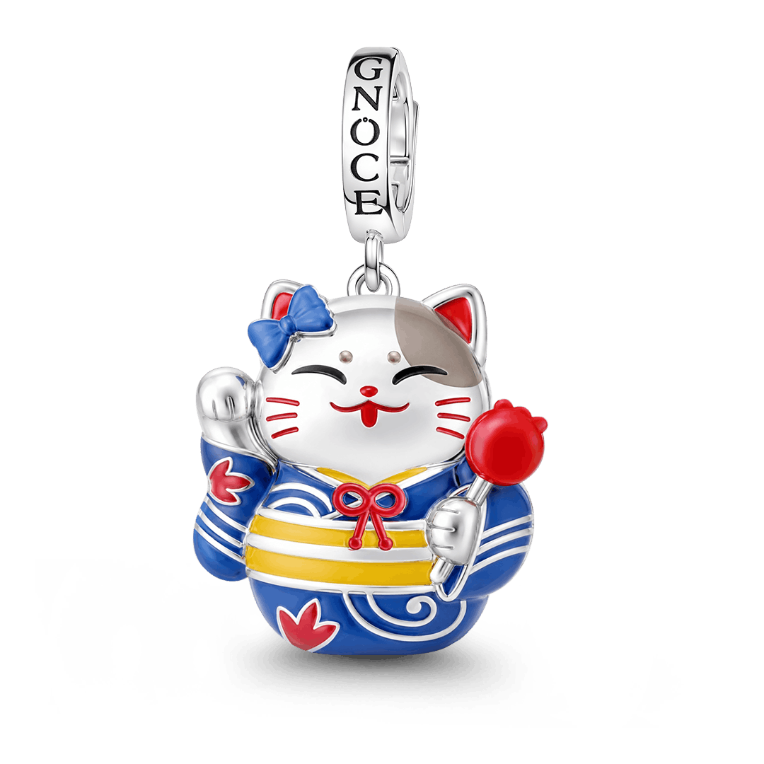 Gnoce Glow In Dark Japanese Lucky Cat Clasp Dangle Charm Platinum‑plated Silver Blend_2