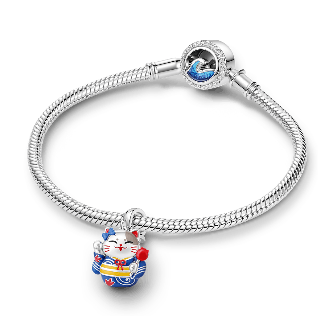 Gnoce Glow In Dark Japanese Lucky Cat Clasp Dangle Charm Platinum‑plated Silver Blend_4