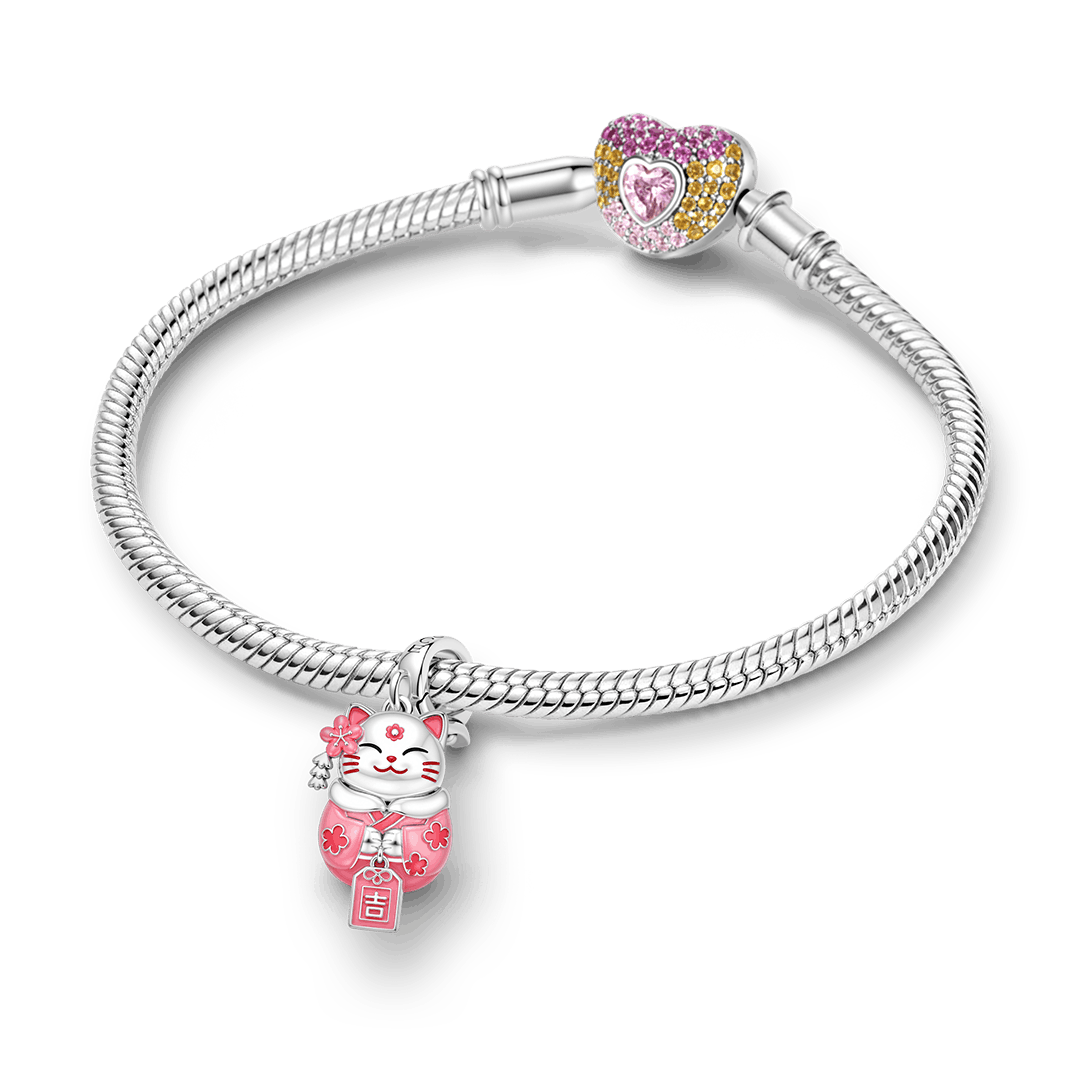 Gnoce Glow In Dark Japanese Sakura Lucky Cat Clasp Dangle Charm Platinum-plated Silver Blend_4