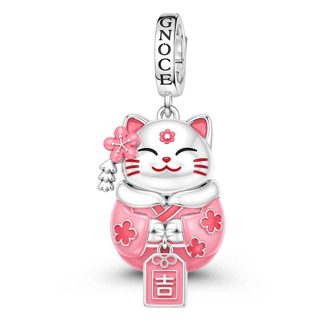 Gnoce Glow In Dark Japanese Sakura Lucky Cat Clasp Dangle Charm Platinum-plated Silver Blend_2