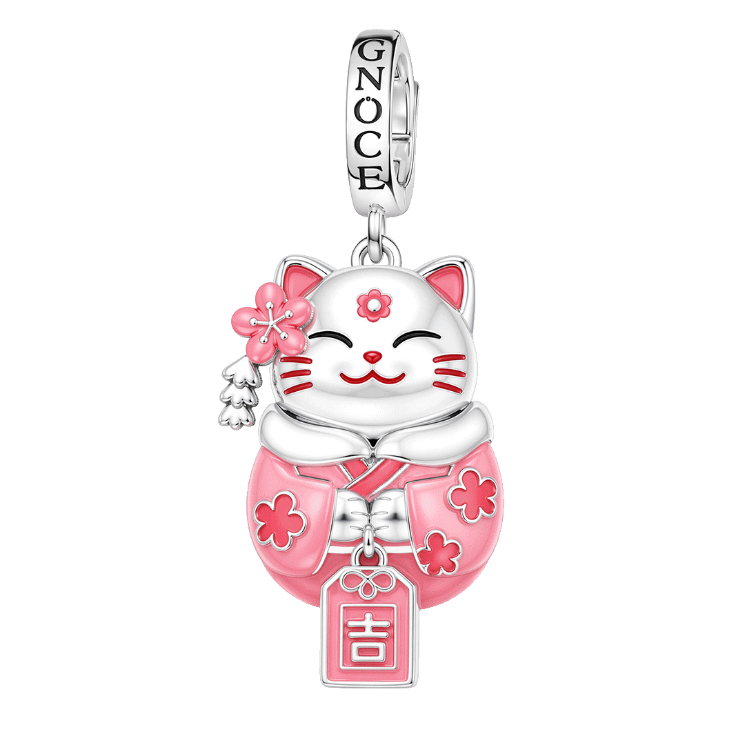 Gnoce Glow In Dark Japanese Sakura Lucky Cat Clasp Dangle Charm Platinum-plated Silver Blend_1