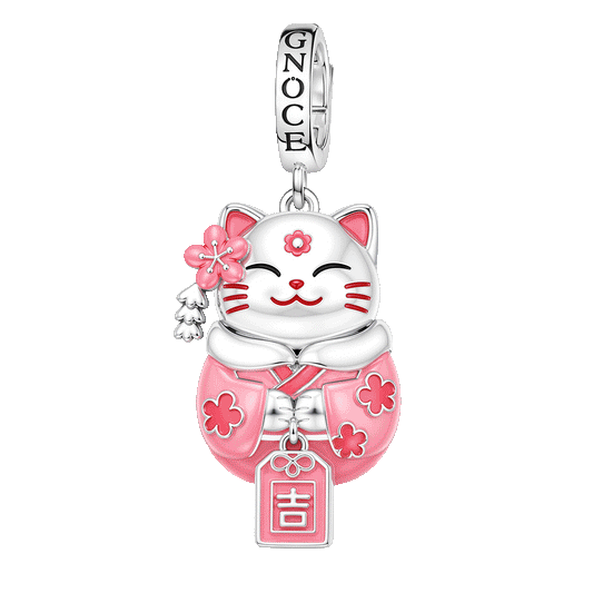 Gnoce Glow In Dark Japanese Sakura Lucky Cat Clasp Dangle Charm Platinum-plated Silver Blend_1