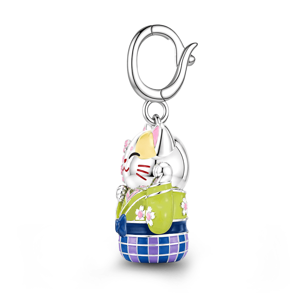 Gnoce Kimono Cherry Blossom Cat Clasp Dangle Charm Platinum-plated Silver Blend_5