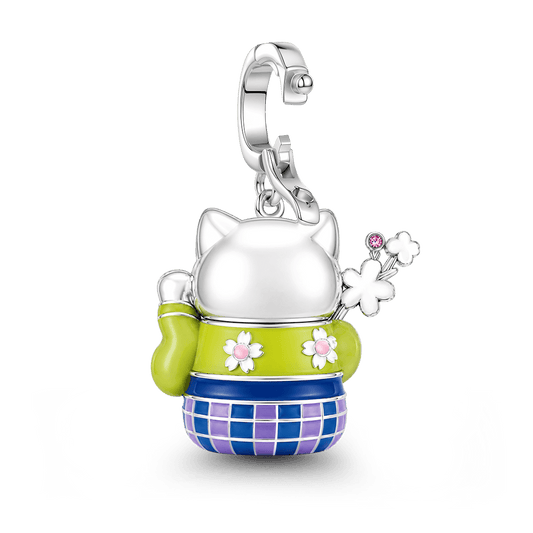 Gnoce Kimono Cherry Blossom Cat Clasp Dangle Charm Platinum-plated Silver Blend_6