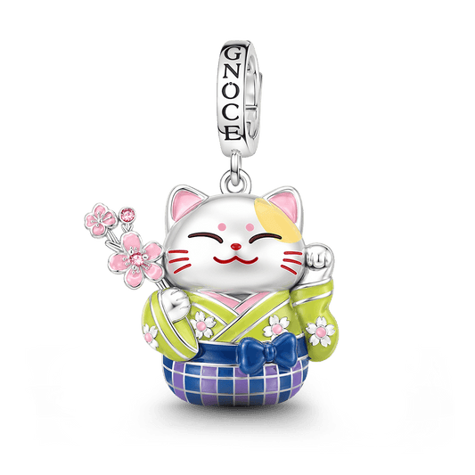 Gnoce Kimono Cherry Blossom Cat Clasp Dangle Charm Platinum-plated Silver Blend_1