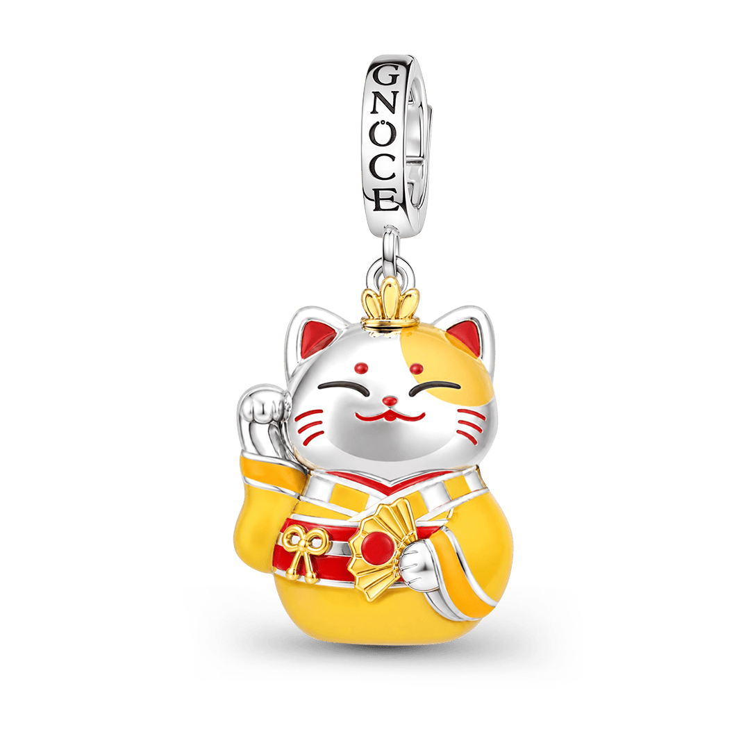Gnoce Yellow Kimono Lucky Cat Clasp Dangle Charm Platinum-plated Silver Blend_1