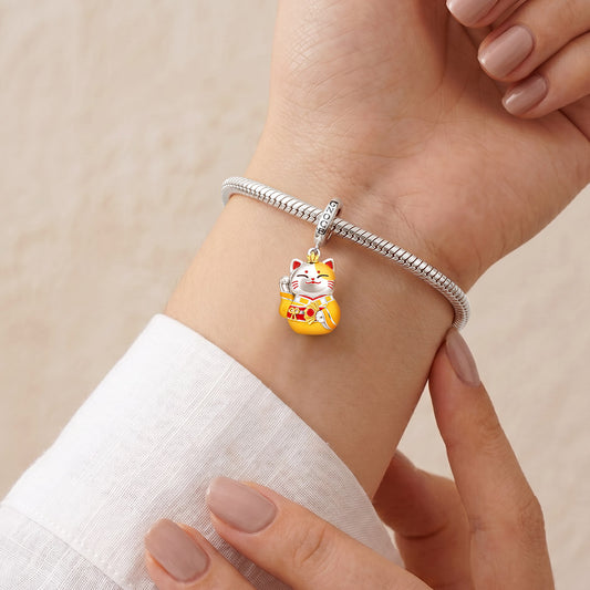 Gnoce Yellow Kimono Lucky Cat Clasp Dangle Charm Platinum-plated Silver Blend_2