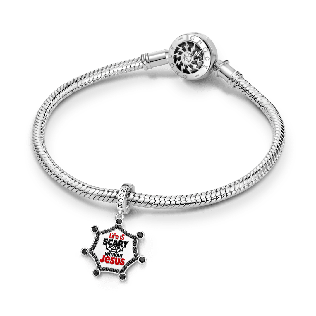 Gnoce Halloween Spider Web Religious Slogan Cross Clasp Dangle Charm Platinum‑plated Silver Blend_3
