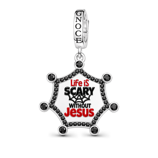 Gnoce Halloween Spider Web Religious Slogan Cross Clasp Dangle Charm Platinum‑plated Silver Blend_1