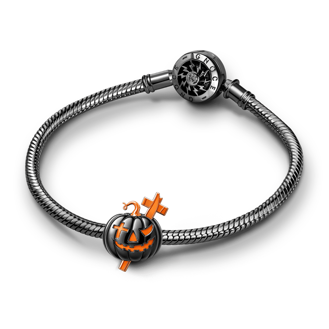 Gnoce Glow‑in‑the‑dark Halloween Cross Pumpkin Through‑hole Base Bead Charm Platinum‑plated Silver Blend_4