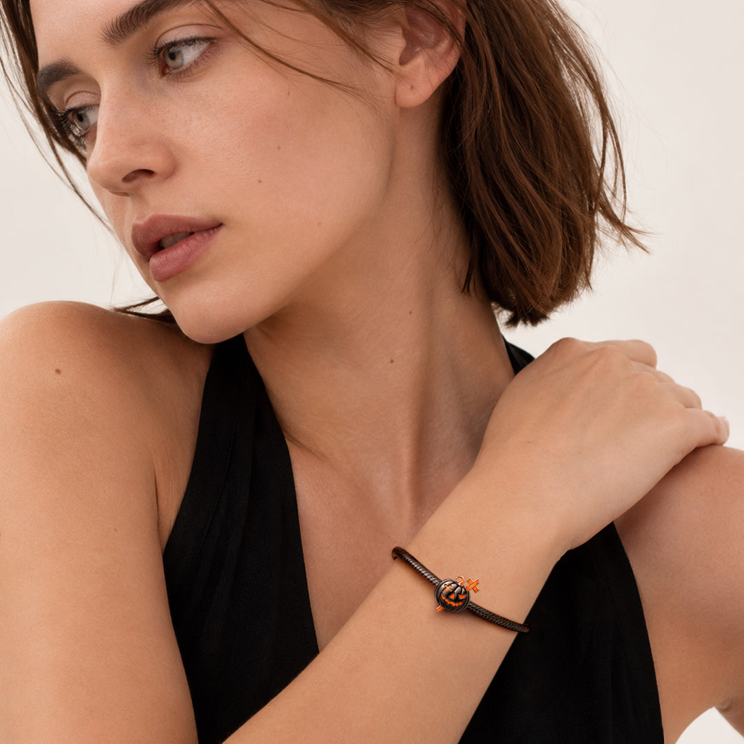 Gnoce Glow‑in‑the‑dark Halloween Cross Pumpkin Through‑hole Base Bead Charm Platinum‑plated Silver Blend_5