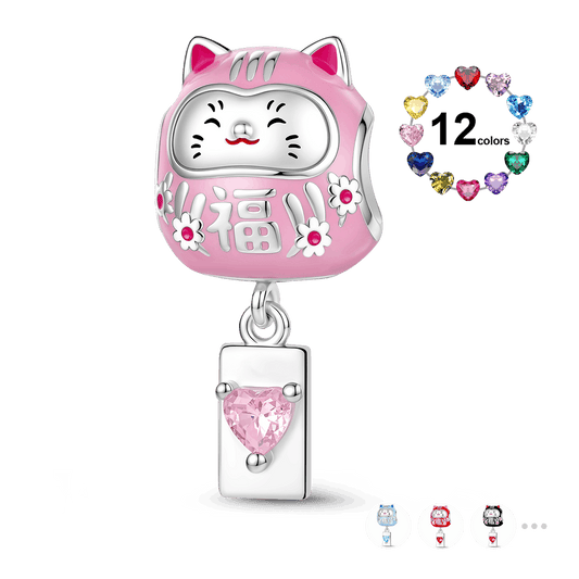 Gnoce Japanese Lucky Cat Engravable Birthstone Through‑hole Bead Charm Platinum‑plated Silver Blend_1