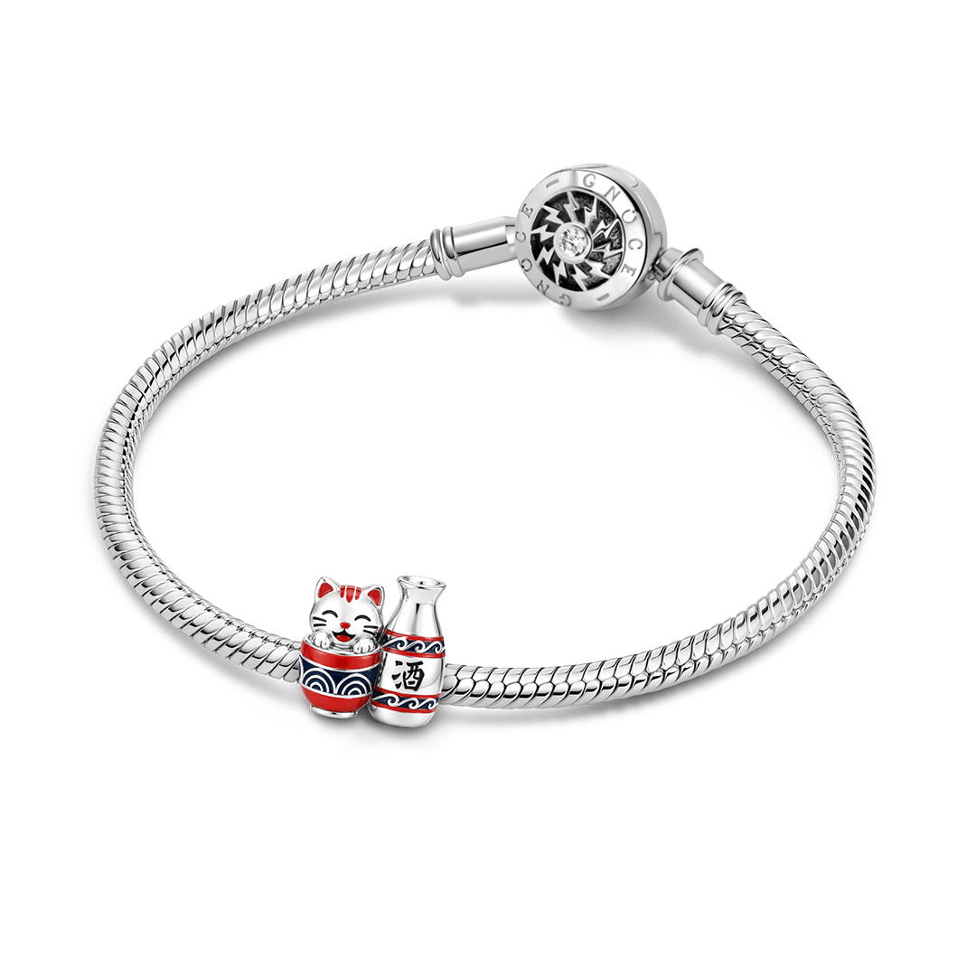 Gnoce Japanese Cat Sake Bottle Through‑hole Bead Charm Platinum‑plated Silver Blend_3