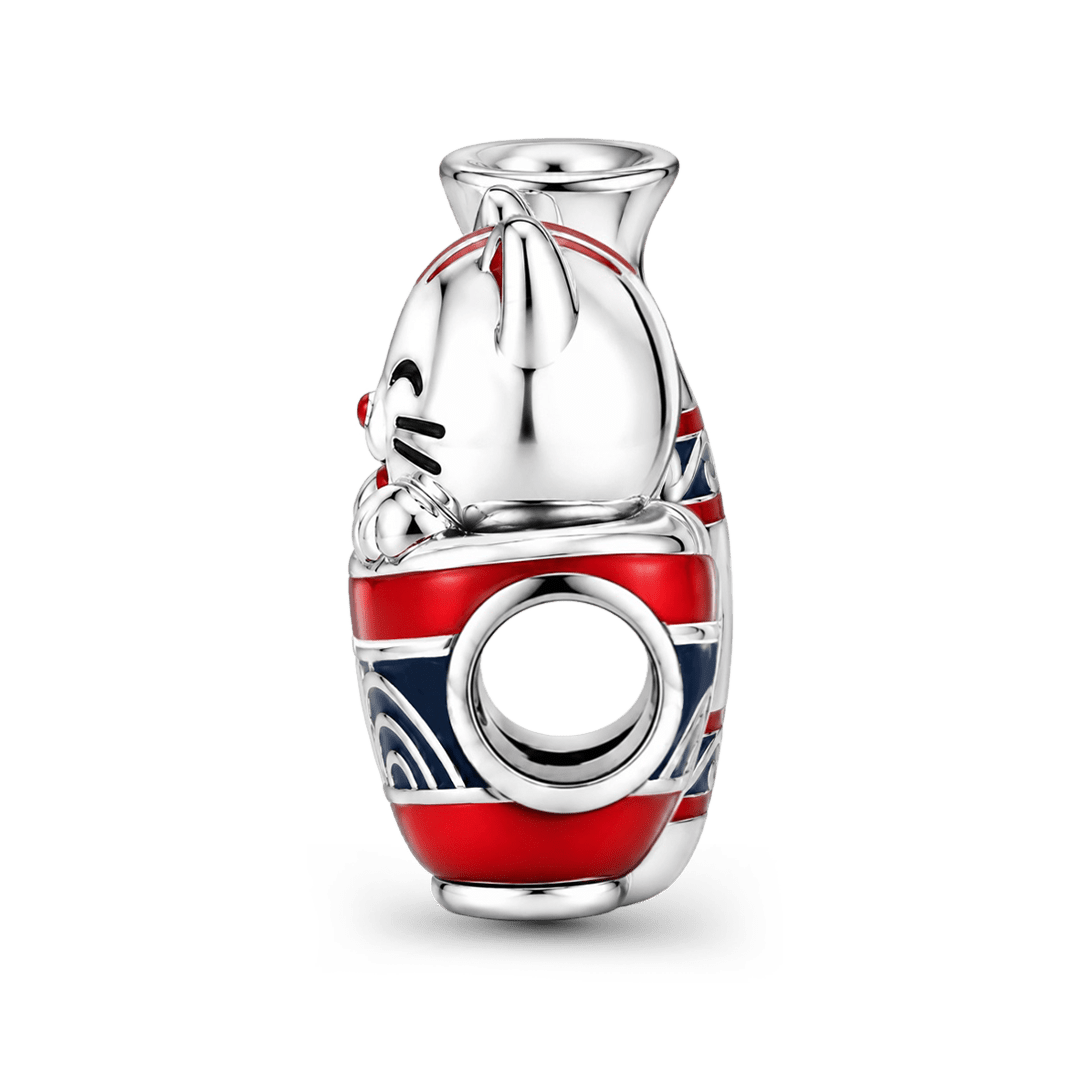 Gnoce Japanese Cat Sake Bottle Through‑hole Bead Charm Platinum‑plated Silver Blend_5
