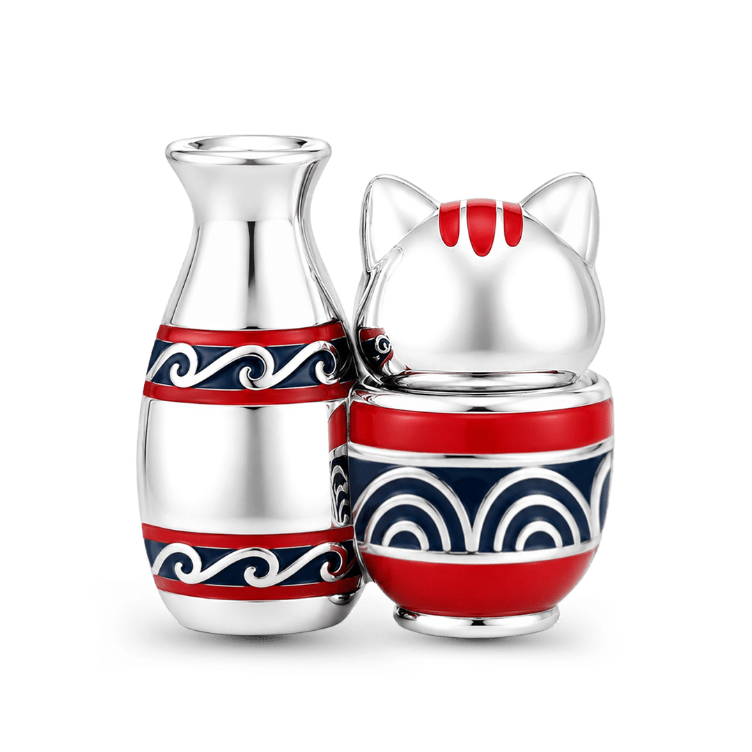 Gnoce Japanese Cat Sake Bottle Through‑hole Bead Charm Platinum‑plated Silver Blend_6