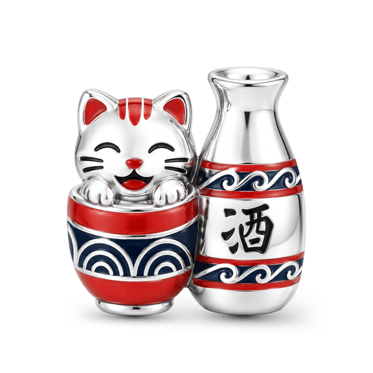 Gnoce Japanese Cat Sake Bottle Through‑hole Bead Charm Platinum‑plated Silver Blend_1
