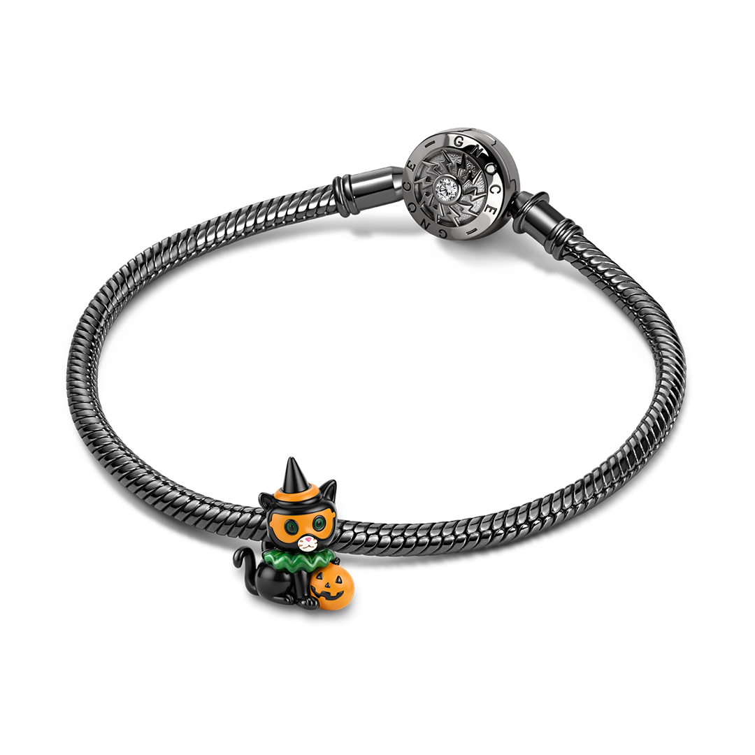Gnoce Glow‑in‑the‑dark Halloween Black Cat Through‑hole Bead Charm Black Gold-plated Silver Blend_4