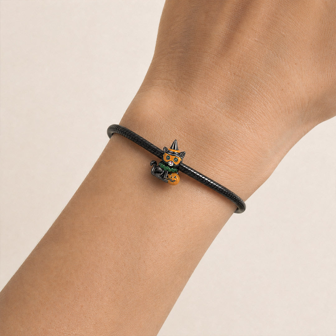 Gnoce Glow‑in‑the‑dark Halloween Black Cat Through‑hole Bead Charm Black Gold-plated Silver Blend_3