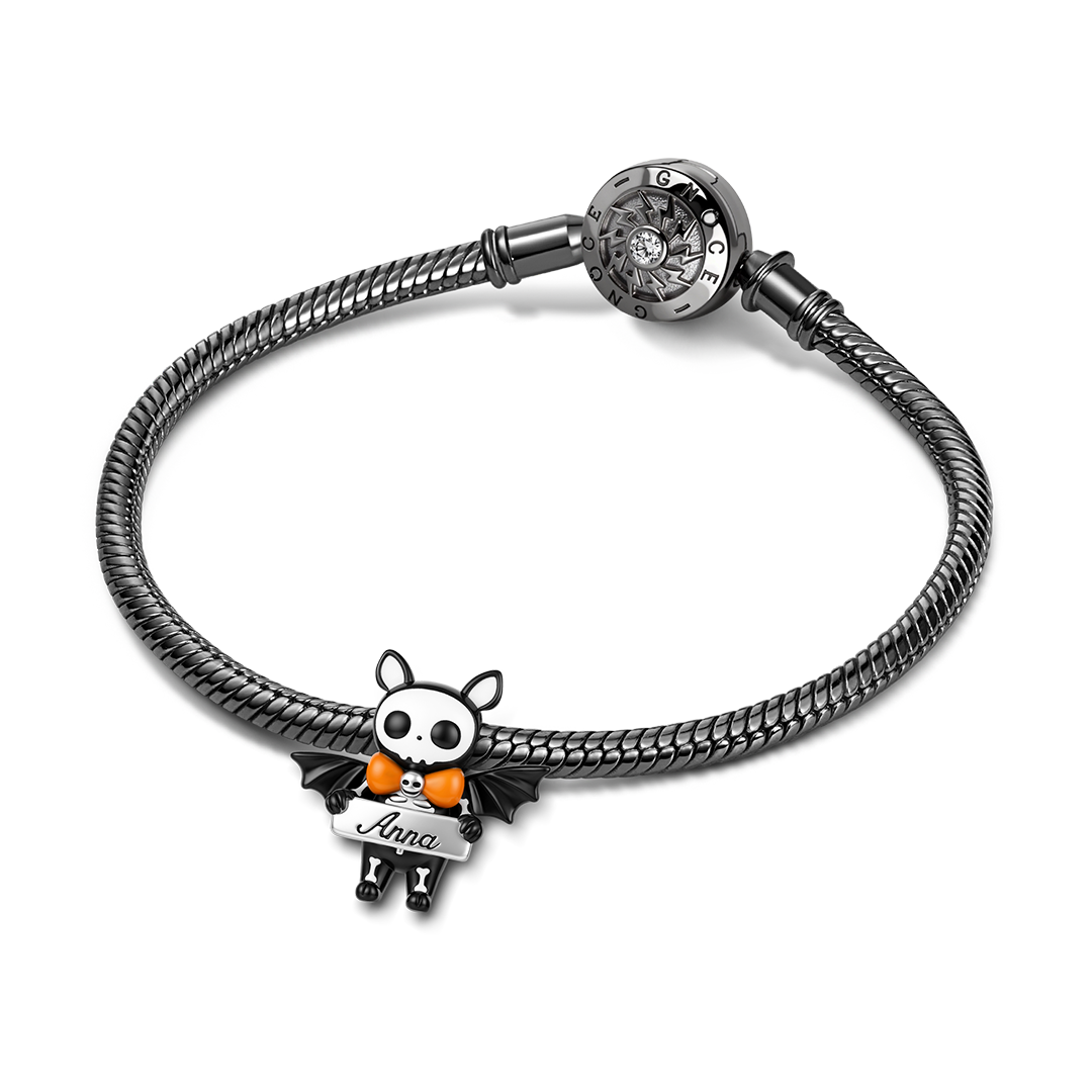 Gnoce Glow‑in‑the‑dark Halloween Skeleton Bat Engravable Through‑hole Bead Charm Black Gold-plated Silver Blend_4