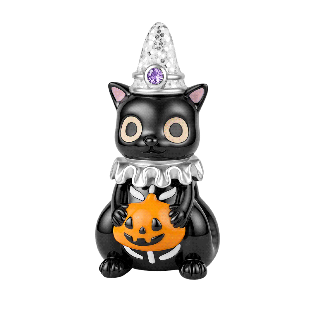 Gnoce Glow‑in‑the‑dark Halloween Black Cat Birthstone Bead Black Gold-plated Silver Blend_1