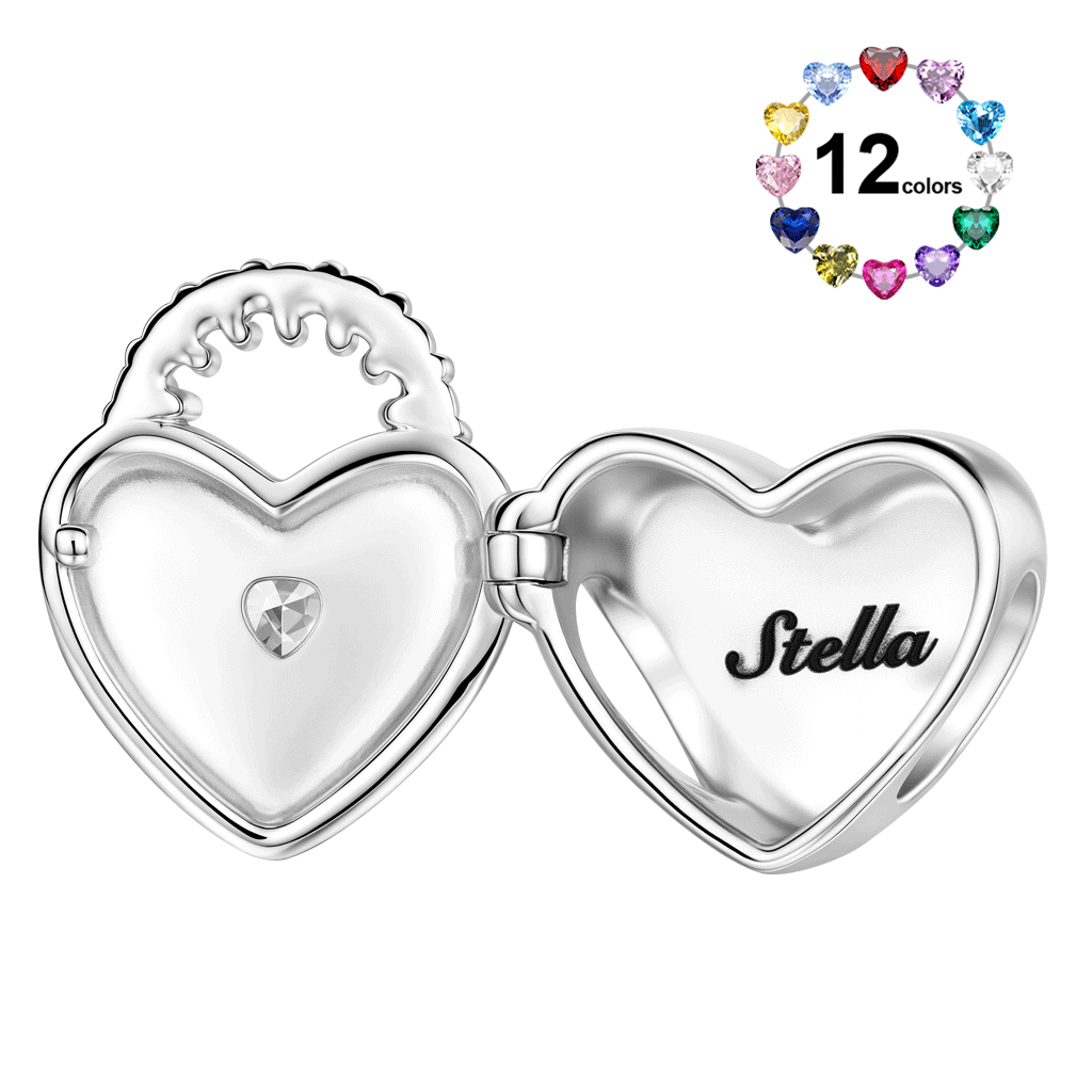 Gnoce Birthstone Custom Engravable Heart Locket Bead Charm Platinum‑plated Silver Blend_1