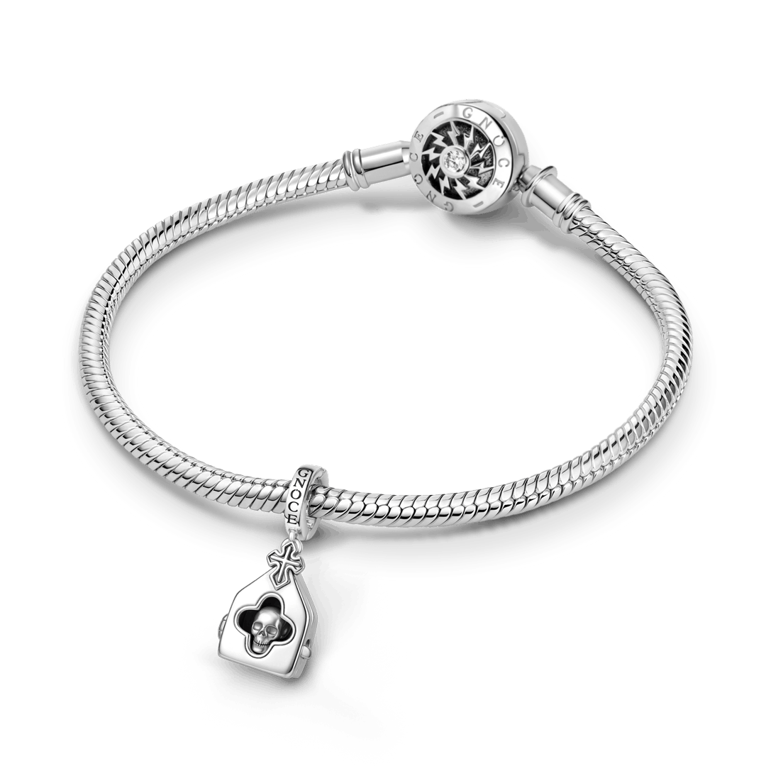 Gnoce Gothic Church Skull Locket Clasp Dangle Charm Platinum‑plated Silver Blend_4