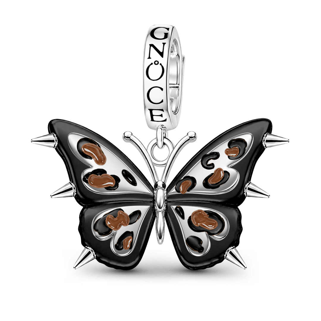 Gnoce Punk Leopard Print Butterfly Clasp Dangle Charm Black Gold-plated Silver Blend_1