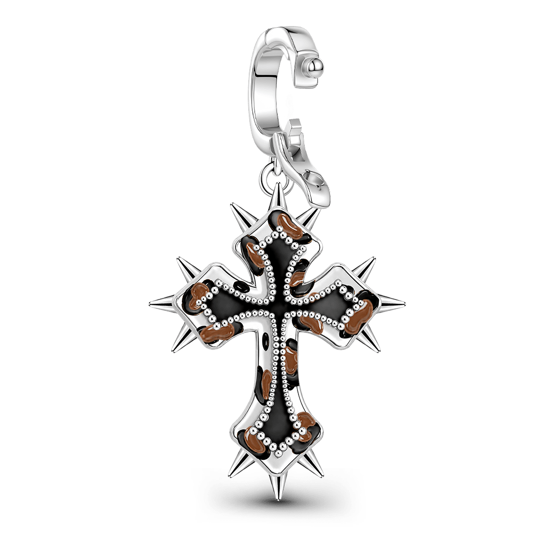 Gnoce British Punk Leopard Print Cross Clasp Dangle Charm Black Gold-plated Silver Blend_6