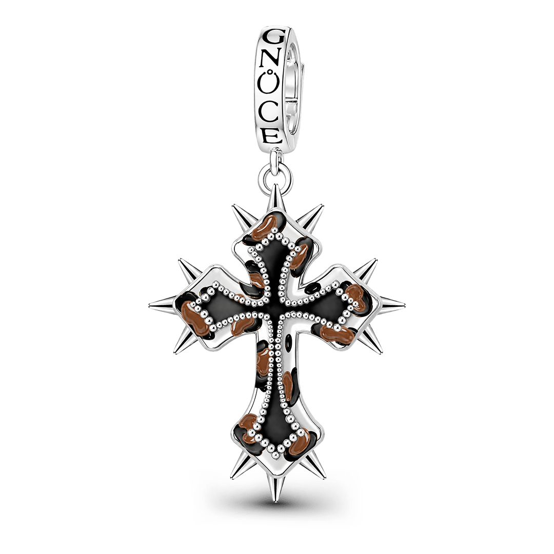 Gnoce British Punk Leopard Print Cross Clasp Dangle Charm Black Gold-plated Silver Blend_1