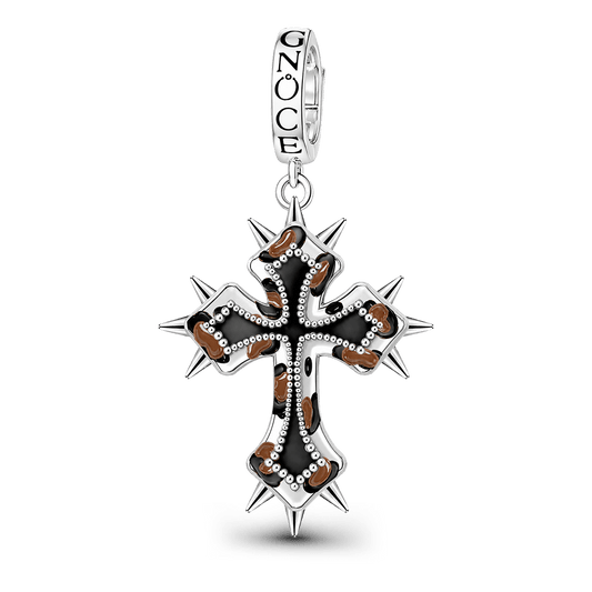 Gnoce British Punk Leopard Print Cross Clasp Dangle Charm Black Gold-plated Silver Blend_1