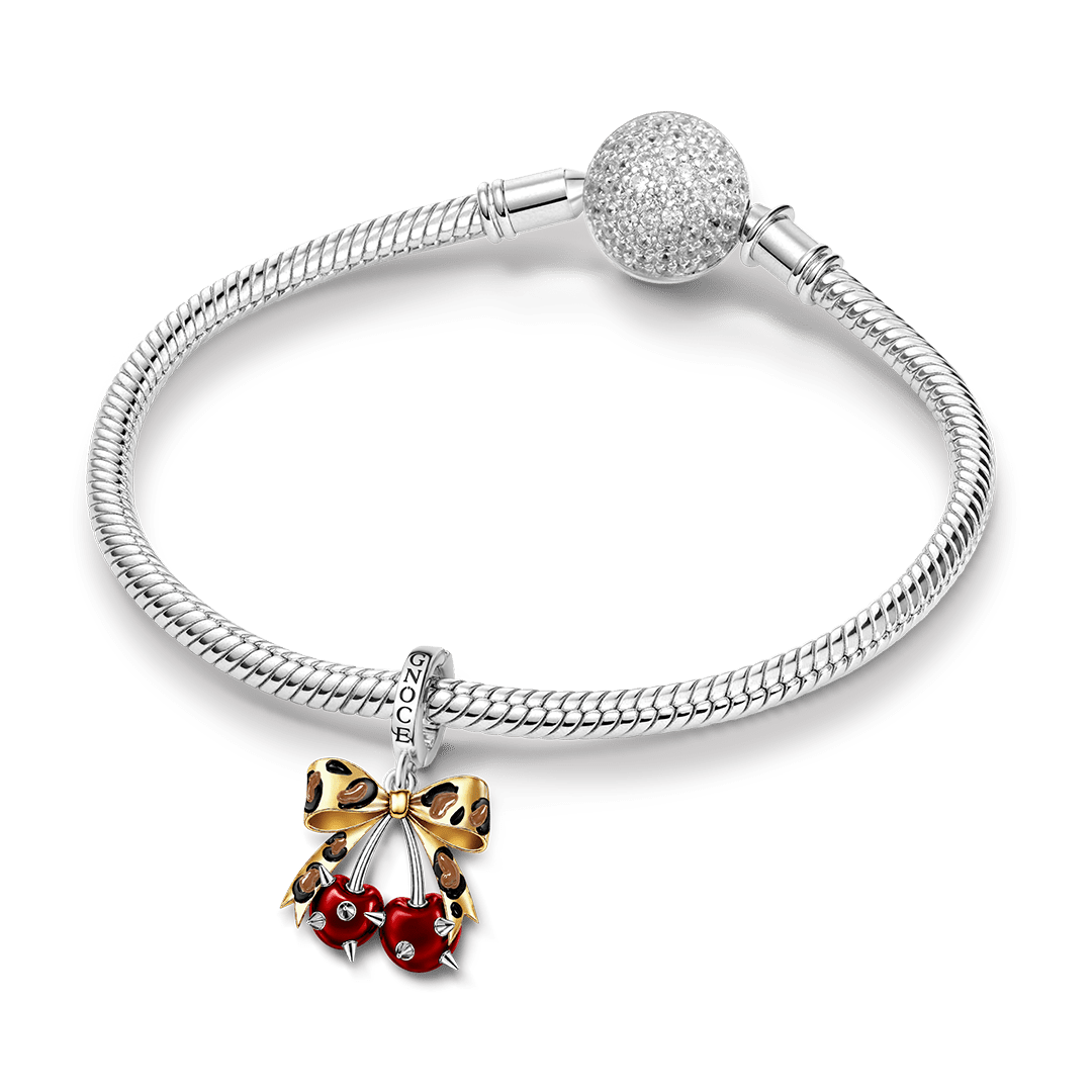 Gnoce British Punk Leopard Print Cherry Clasp Dangle Charm Platinum‑plated Silver Blend_3