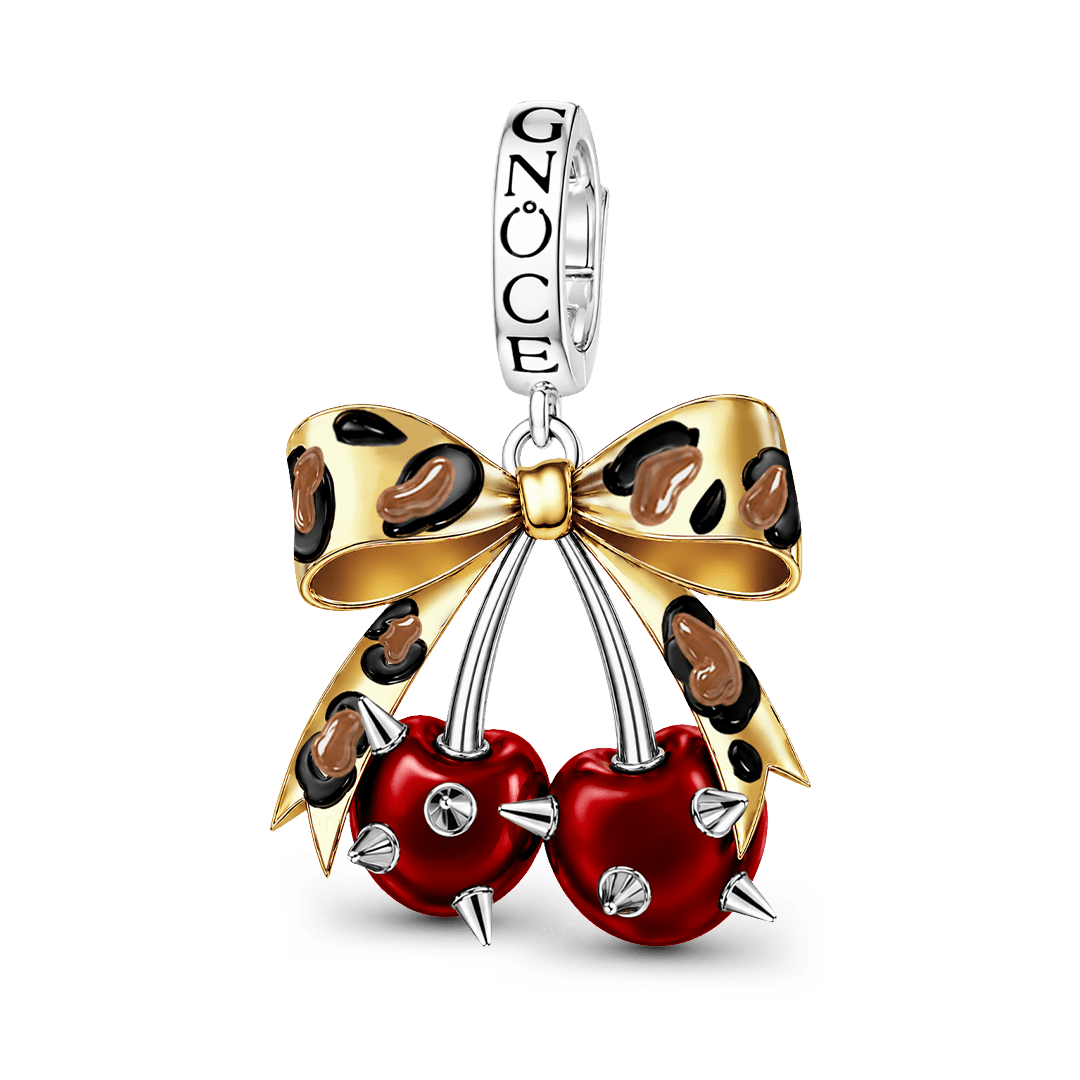Gnoce British Punk Leopard Print Cherry Clasp Dangle Charm Platinum‑plated Silver Blend_1
