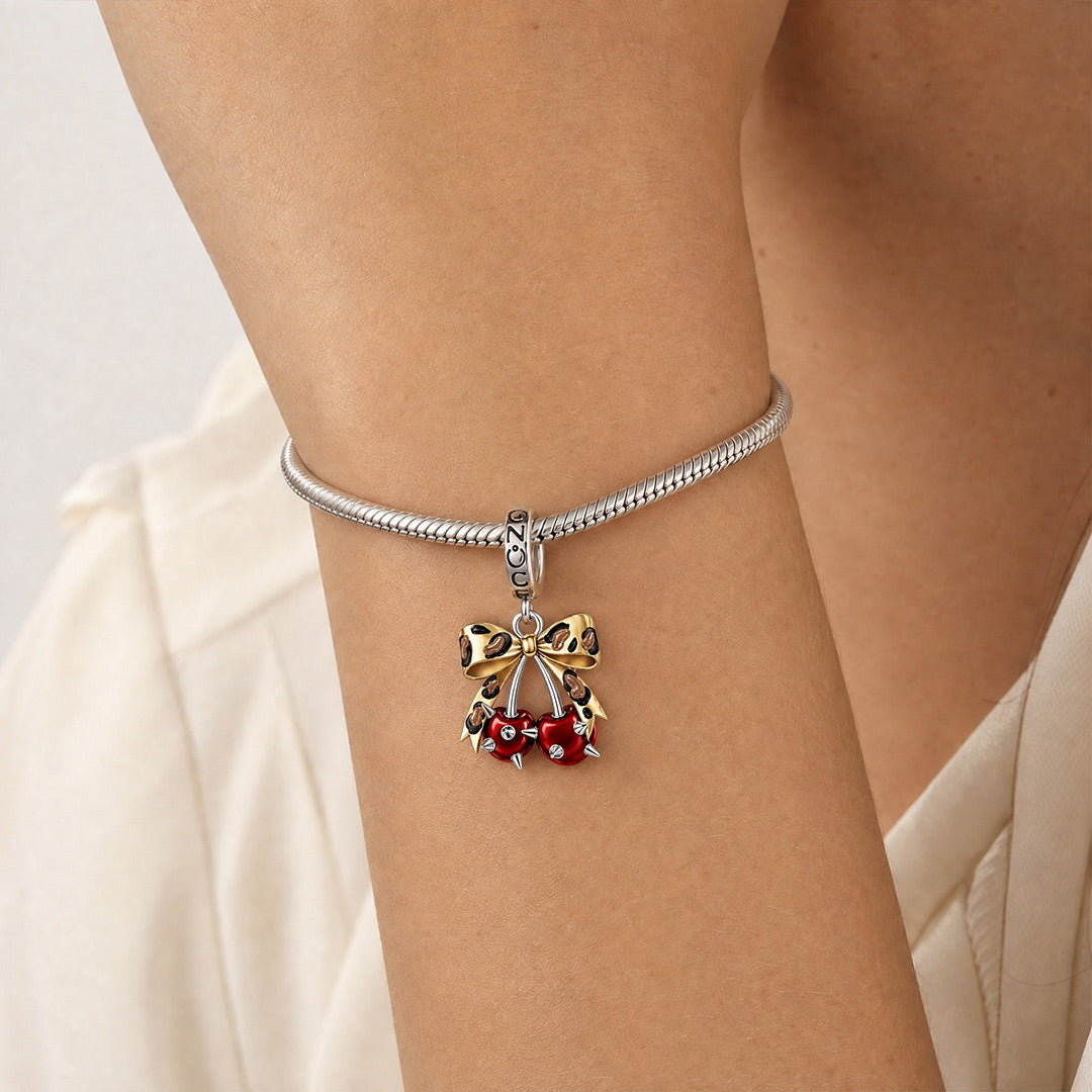 Gnoce British Punk Leopard Print Cherry Clasp Dangle Charm Platinum‑plated Silver Blend_2
