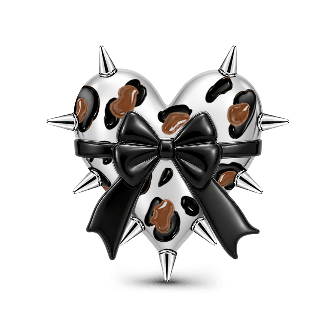 Gnoce British Punk Leopard Print Engravable Heart Bead Charm Black Gold-plated Silver Blend_1