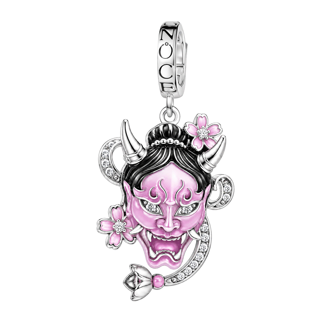 Gnoce Glow‑in‑the‑Dark Japanese Halloween Oni Mask Clasp Dangle Charm Platinum‑plated Silver Blend_1