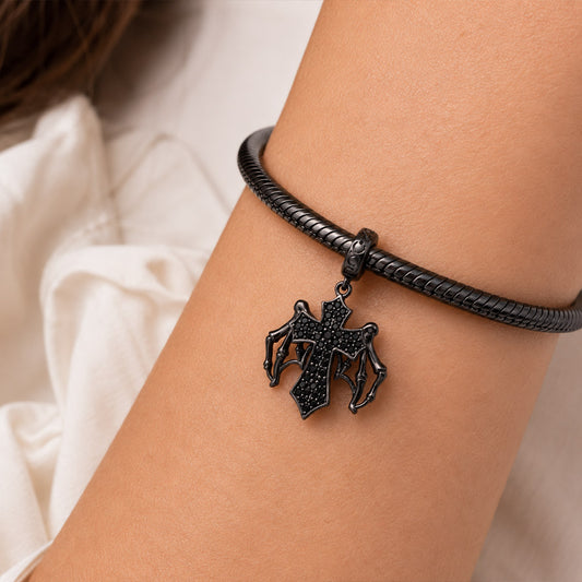 Gnoce Halloween Dark Cross with Movable Wings Dangle Charm Black Gold-plated Silver Blend_2